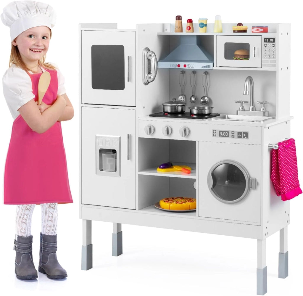 Cucina Giocattolo per Bambini, Cucina Legno per Bambini con Macchina del Ghiaccio, Telefono, Lavatrice, Microonde, Altezza Regolabile, Funzione Luci e Suoni, per 3+ Anni (Rosa)