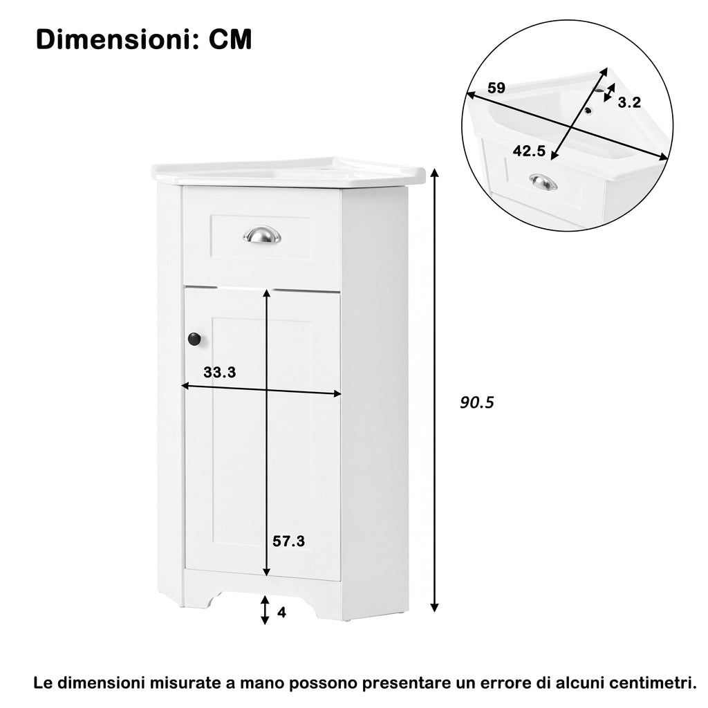 Mobile bagno con lavabo 59x42;5x90;5 cm; da terra salvaspazio; MDF e ceramica; bianco