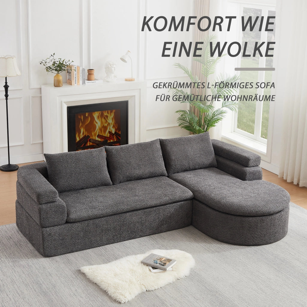Divano angolare con chaise longue in chenille con bracciolo a gradini e schienali imbottiti grigio antracite