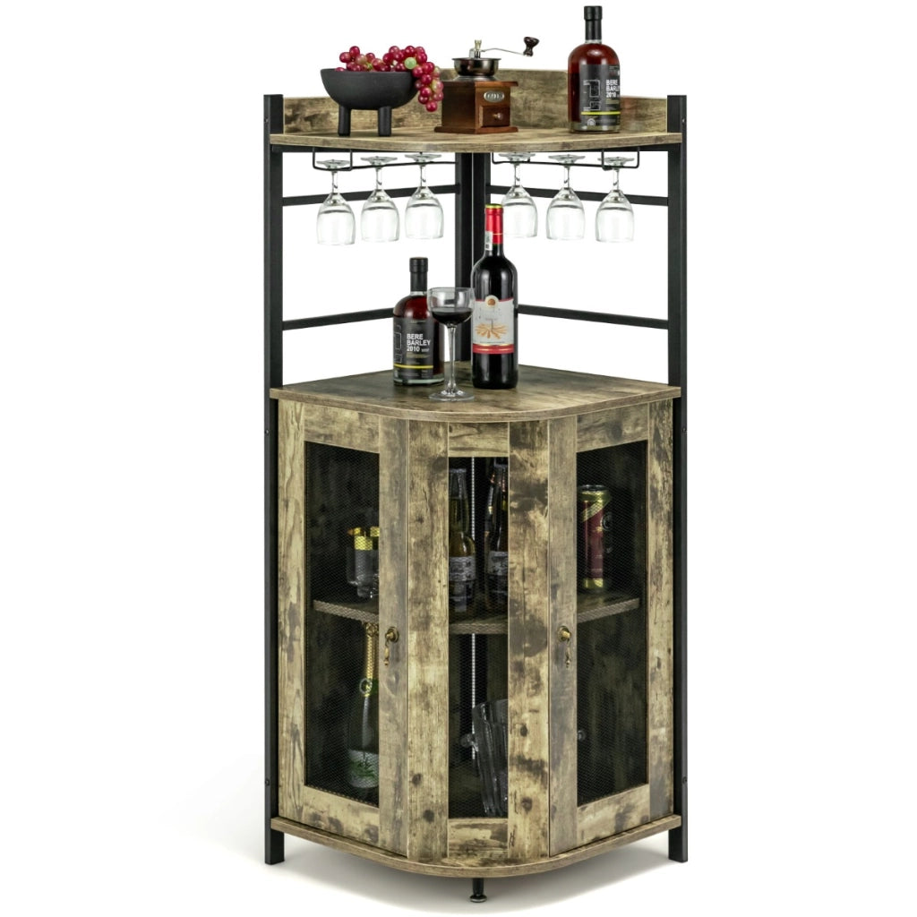 Armadio da bar con portabicchieri in vetro porte in rete metallica ripiano regolabile, Armadio porta vino Marrone-Mobili porta liquori