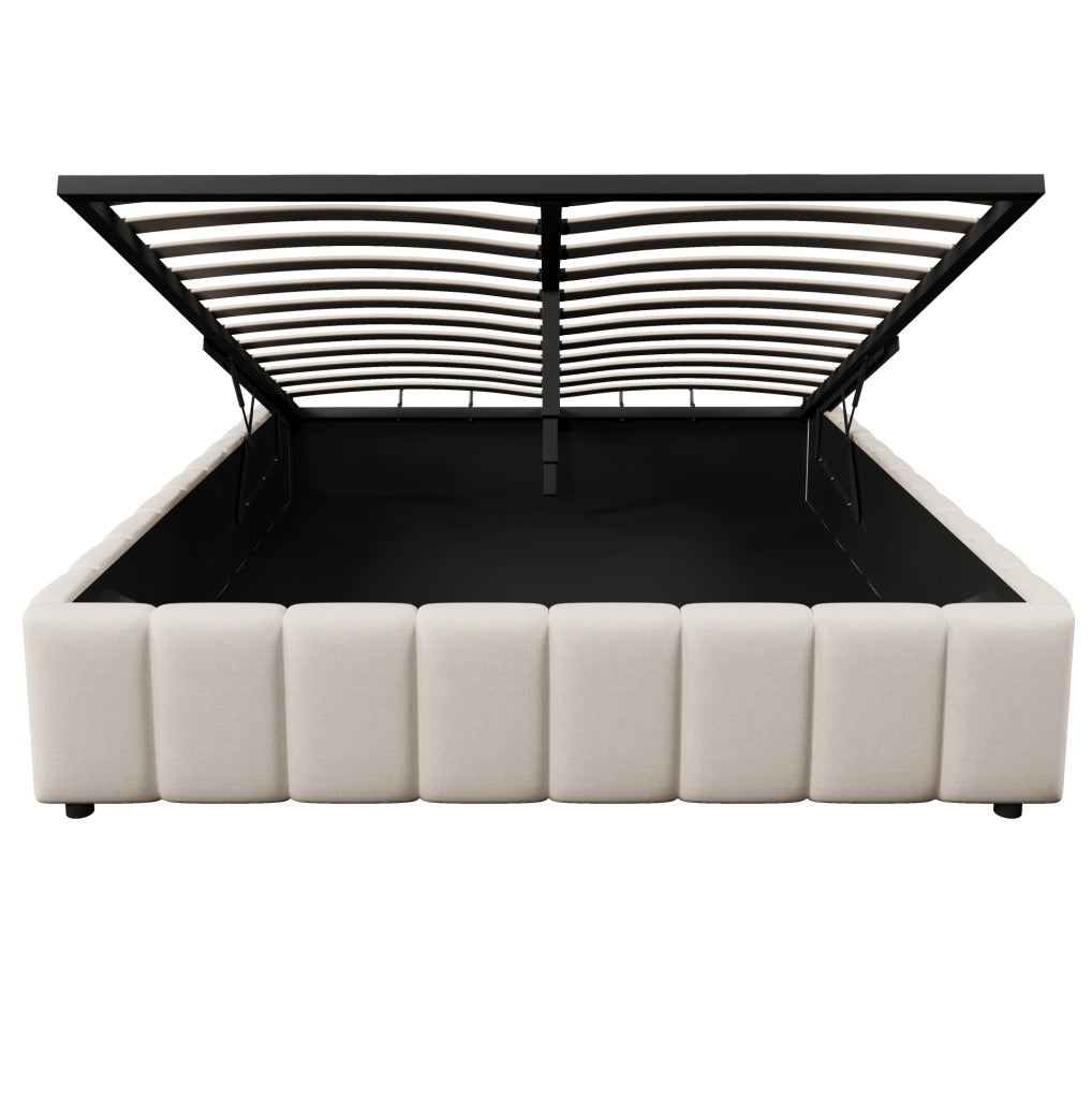 Letto imbottito 140x200 cm con contenitore idraulico, senza testata, beige