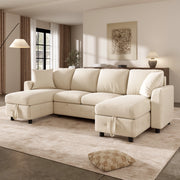 Divano angolare convertibile in ciniglia con letto estraibile e contenitore, USB, Type-C beige 260 × 128 × 82 cm