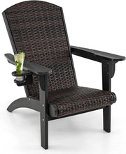 Sedia Adirondack da Giardino, Sedia da Lounge HDPE con Sedile e Schienale Imbottiti in Rattan, Porta Tazza Nascosto, Poltrona per Esterno Giardino Prato, Portata 150 kg (Nero)