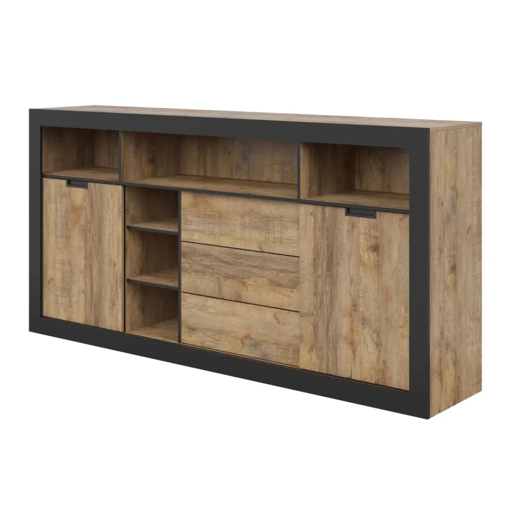 Pack sala da pranzo MEUNIER – Vetrina, buffet alto & tavolo 8 pers. Rovere Samdal & nero opaco