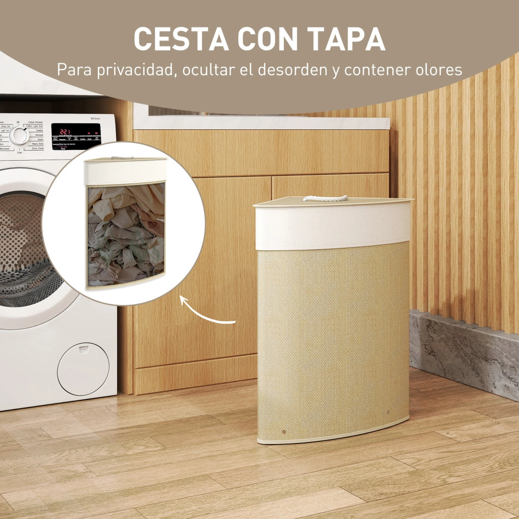 Cestino Angolare per Biancheria in Bamb¨´ 55L ¨C Zephmum ¨C 35x35x60 cm Crema