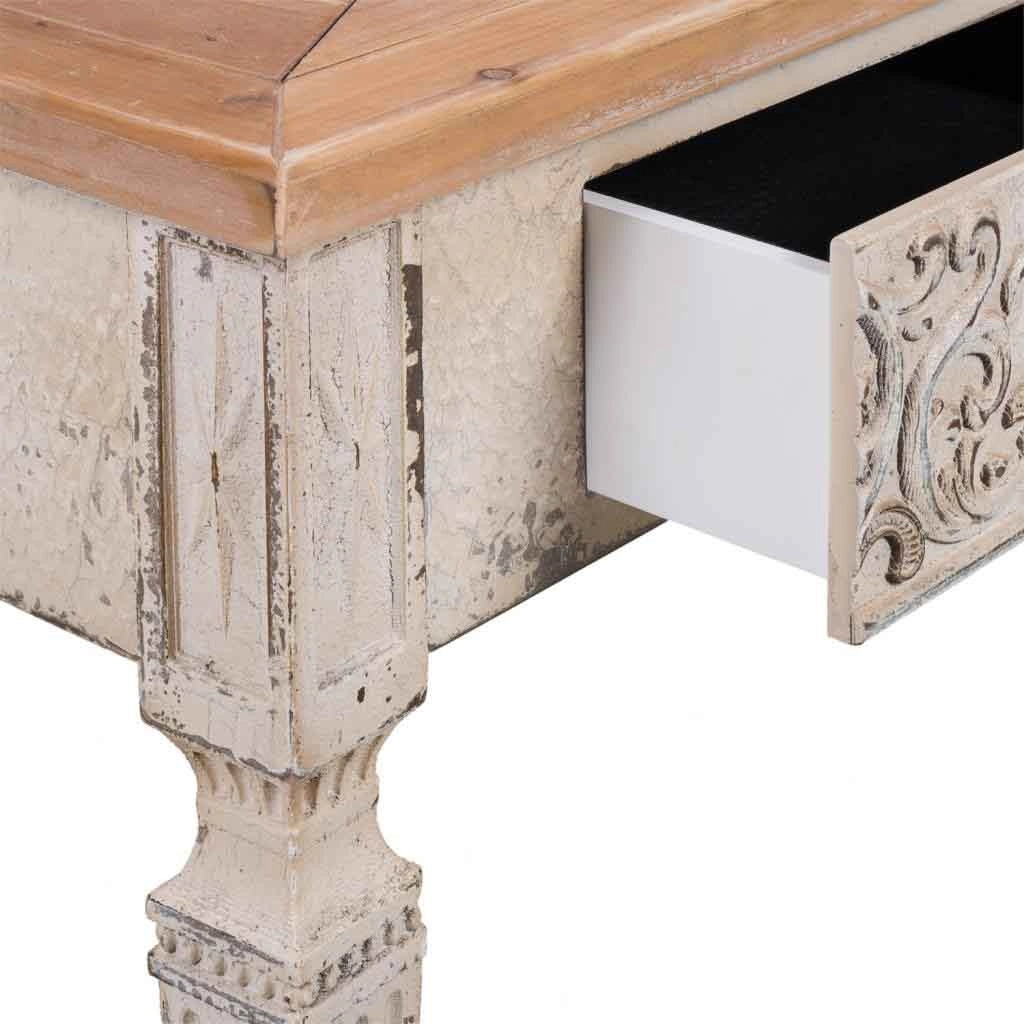 Mueble de entrada in legno bianco invecchiato e naturale con 2 cassetti 120x40x78h cm