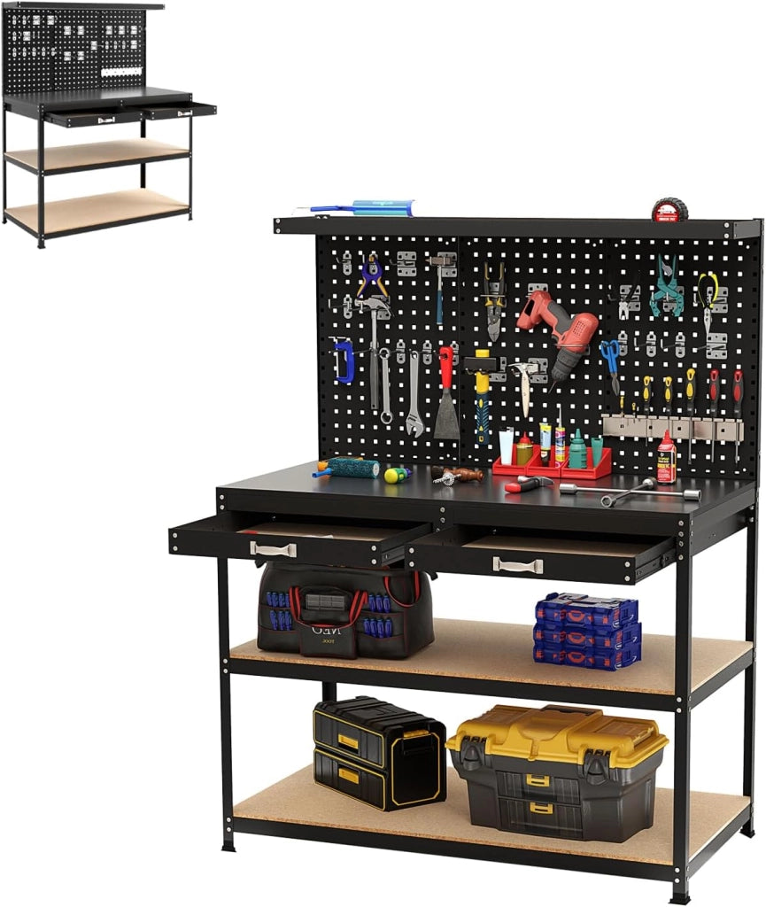 Banco da Lavoro, Organizer per Attrezzi in Metallo con 3 Pannelli Perforati con Kit di 24 Ganci, 2 Cassetti e 2 Ripiani, Banchi da Lavoro per Officina, Garage (Blu, 121 X 61 X 156 CM)