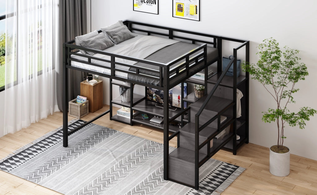 Letto a soppalco 140 × 200 cm con supporto TV, presa elettrica e scala contenitore, senza materasso, in metallo, nero
