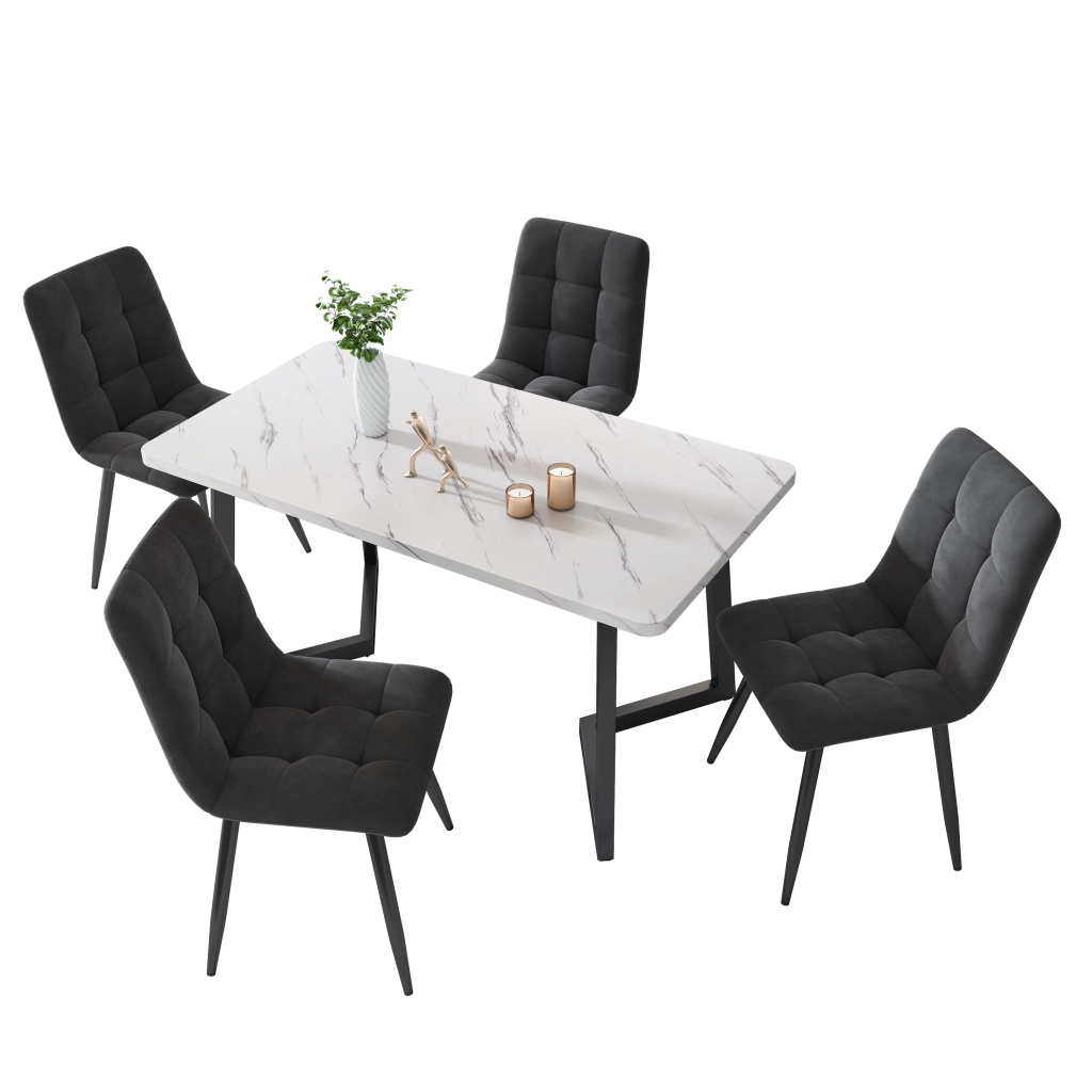 Tavolo da pranzo per 4 persone con 4 sedie, struttura in metallo, stile moderno, in MDF e velluto, multicolore