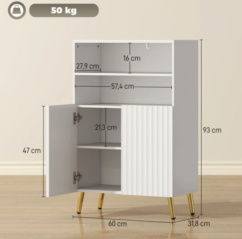 Mobile bagno in MDF bianco con ante soft-close e 2 ripiani aperti, gambe coniche dorate