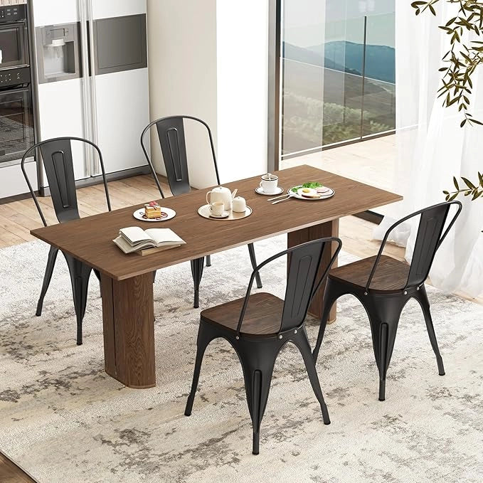 Set di 4 Sedie da Pranzo Impilabili 53 x 44,5 x84 cm, Sedie da Bar con Schienale Alto, Struttura in Legno e Acciaio, Ideale per Balcone, Cortile e Ristorante (Nero)
