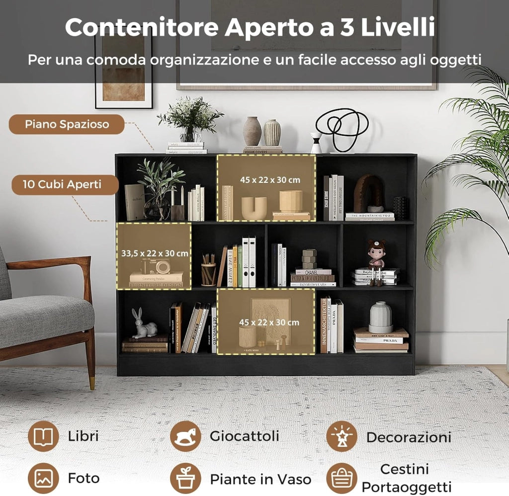 COSTWAT Libreria a 10 Cubi, Organizzatore di Stoccaggio a 3 Ripiani con 2 Kit Anti-Ribaltamento, Scaffale Multiuso in Legno per Soggiorno Camera da Letto Ufficio, 140x24x104 cm (Nero)