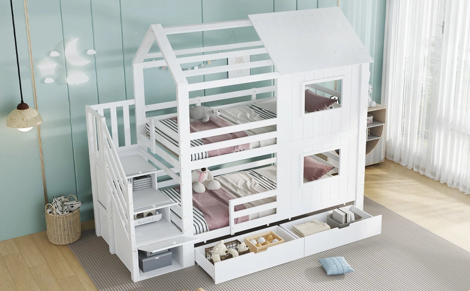 Letto a castello per bambini con scala armadio e cassetto, 90x200 cm, bianco
