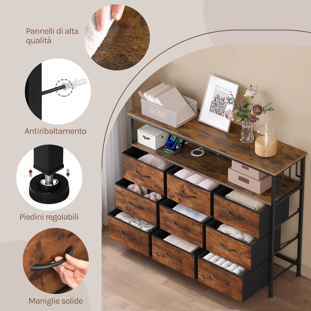 Comò 9 Cassetti, Mobile Contenitore con Multipresa e Illuminazione LED, Cassetti in Tessuto, 3 Ganci Laterali, Struttura in Metallo, 110x30x83,5 cm, Marrone Rustico + Nero
