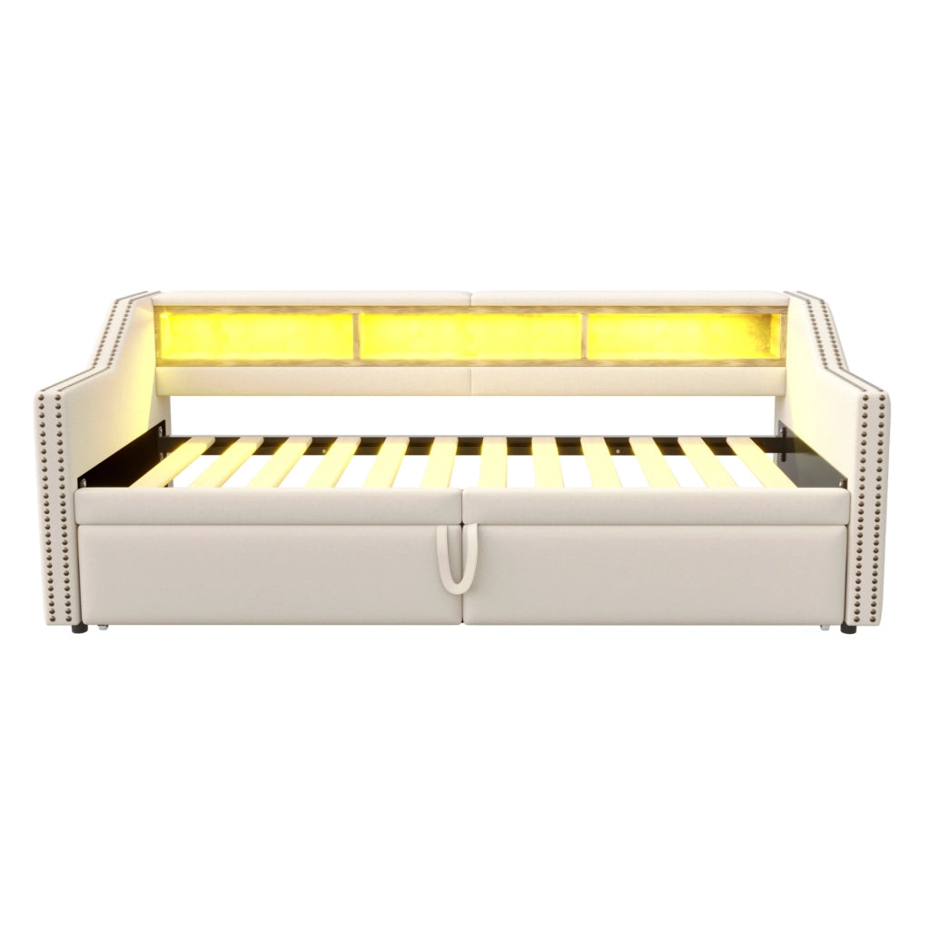 Divano letto imbottito estraibile beige con LED, USB e vani laterali