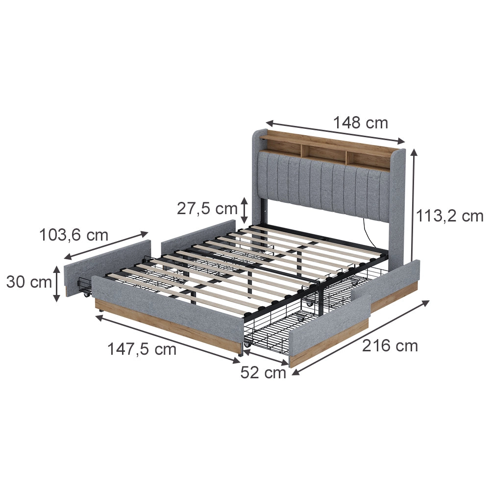 Vitalispa Letto imbottito Grigio/quercia 140x200 cm con 4 cassetti