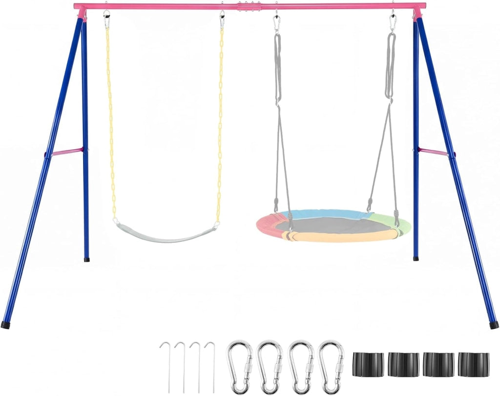 Set Altalena da Giardino per Bambini, Struttura di Metallo ad A con 1 Sedile in EVA Morbido e 1 Altalena Nido, Capacità 300 kg, Ideale per Giardino Parco Giochi (Rosso+Blu, Altalena+Supporto)