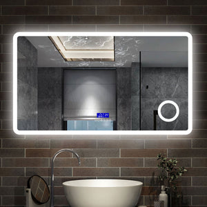 120 x 70 cm,AICA Specchio da Bagno LED con Luce, 3 Colori Regolabili,Blue tooth, Ingrandimento, orologio,memoria, antiappannamento,CRI>90,autospegnimento