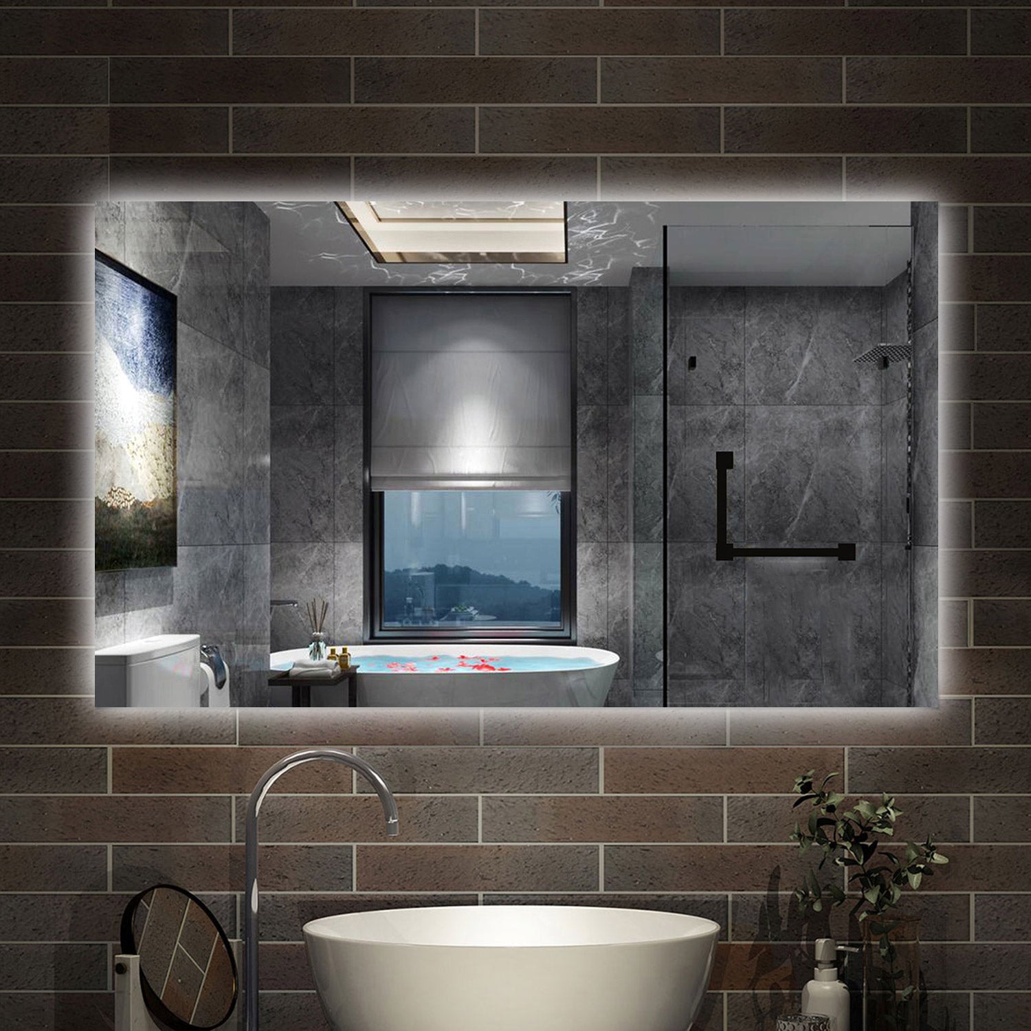 Specchio bagno Rettangolare 100x60 cm con led. Dimmerabile + Touch Control + Bordo non sabbiato + IP44