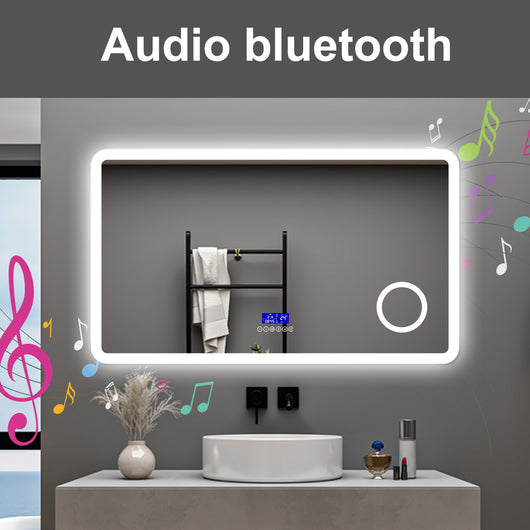 AICA Specchio da bagno  120 x 70 cm, dimmerabile, Blue tooth, Funzione Memoria, antiappannamento, 3 colori, Magnificatore,  orologio