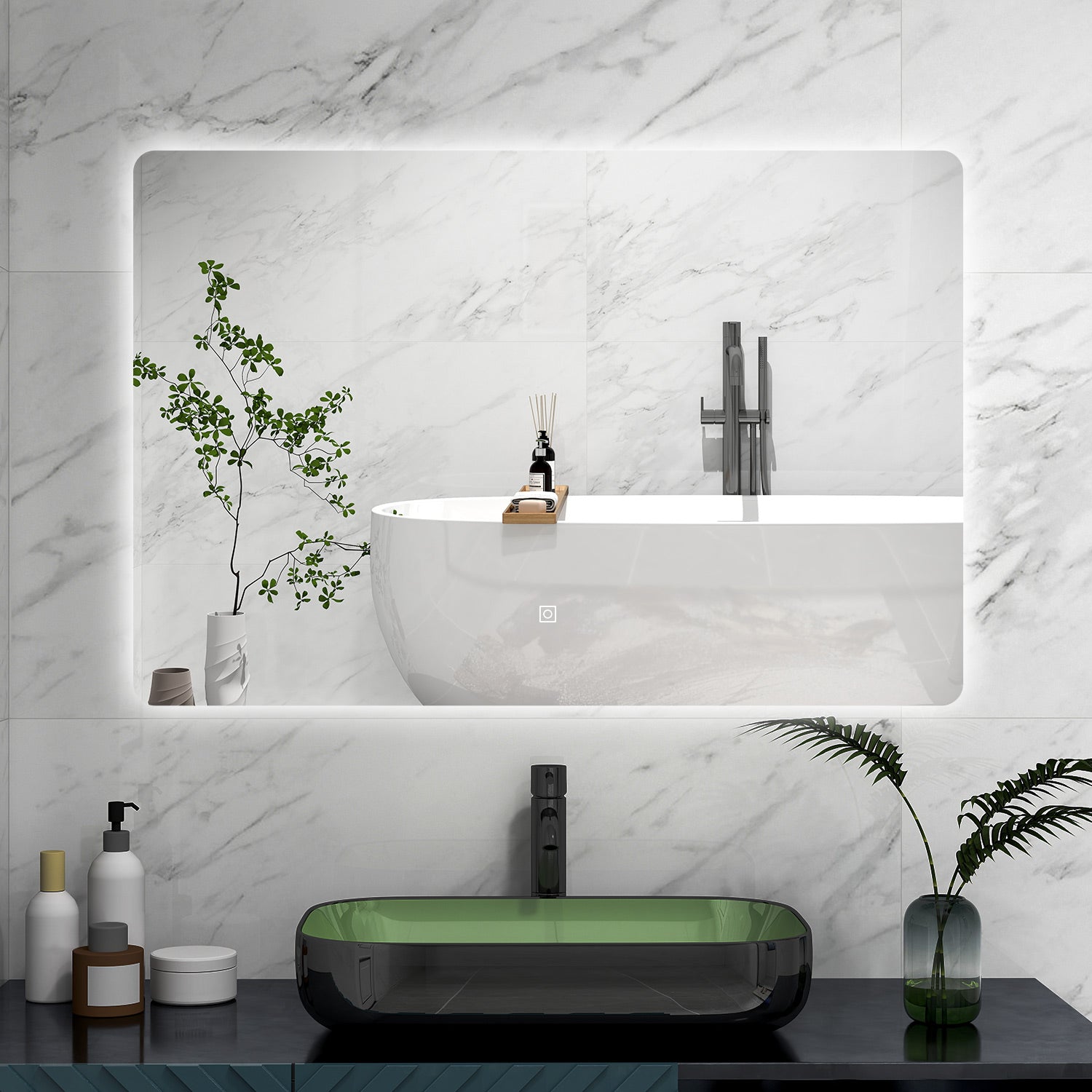 AICA Specchio da bagno 100 x 60 cm, Regorabile, interruttore touch, Funzione Memoria