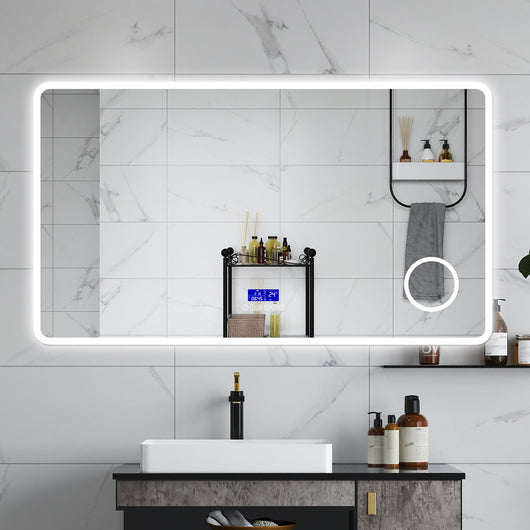 AICA Specchio da bagno  120 x 70 cm, dimmerabile, Blue tooth, Funzione Memoria, antiappannamento, 3 colori, Magnificatore,  orologio