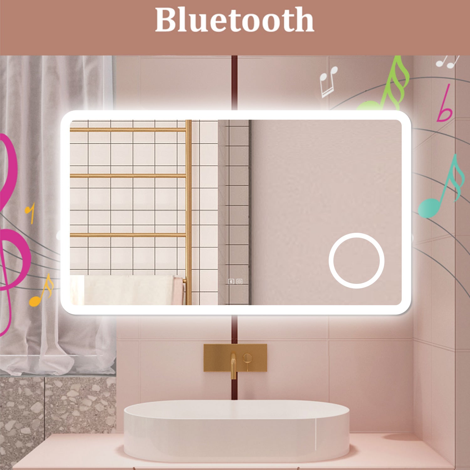 AICA Specchio da bagno  100 x 60 cm, dimmerabile, Blue tooth, Funzione Memoria, antiappannamento, 3 colori, Magnificatore