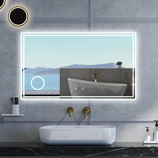 Specchio da bagno Rettangolare con 120x70cm,ingranditore 3x,orologi,3 colori,Memoria, Antifog,Regorabile,Retroilluminato,doppio interruttore,