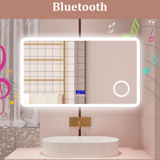AICA Specchio da bagno  120 x 70 cm, dimmerabile, Blue tooth, Funzione Memoria, antiappannamento, 3 colori, Magnificatore,  orologio