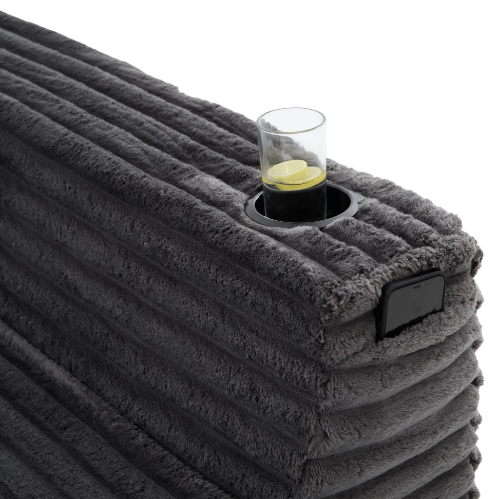 Divano modulare a U in corduroy con portabicchieri e tasca laterale cuscini grigio scuro 320 × 155 × 88 cm