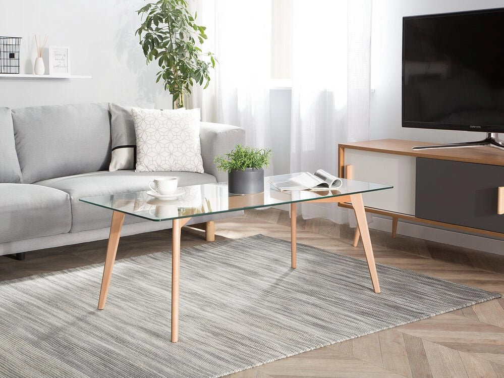 Tavolino da Caffè Piano in Vetro Trasparente Gambe in Legno Rettangolare Scandinavo Moderno