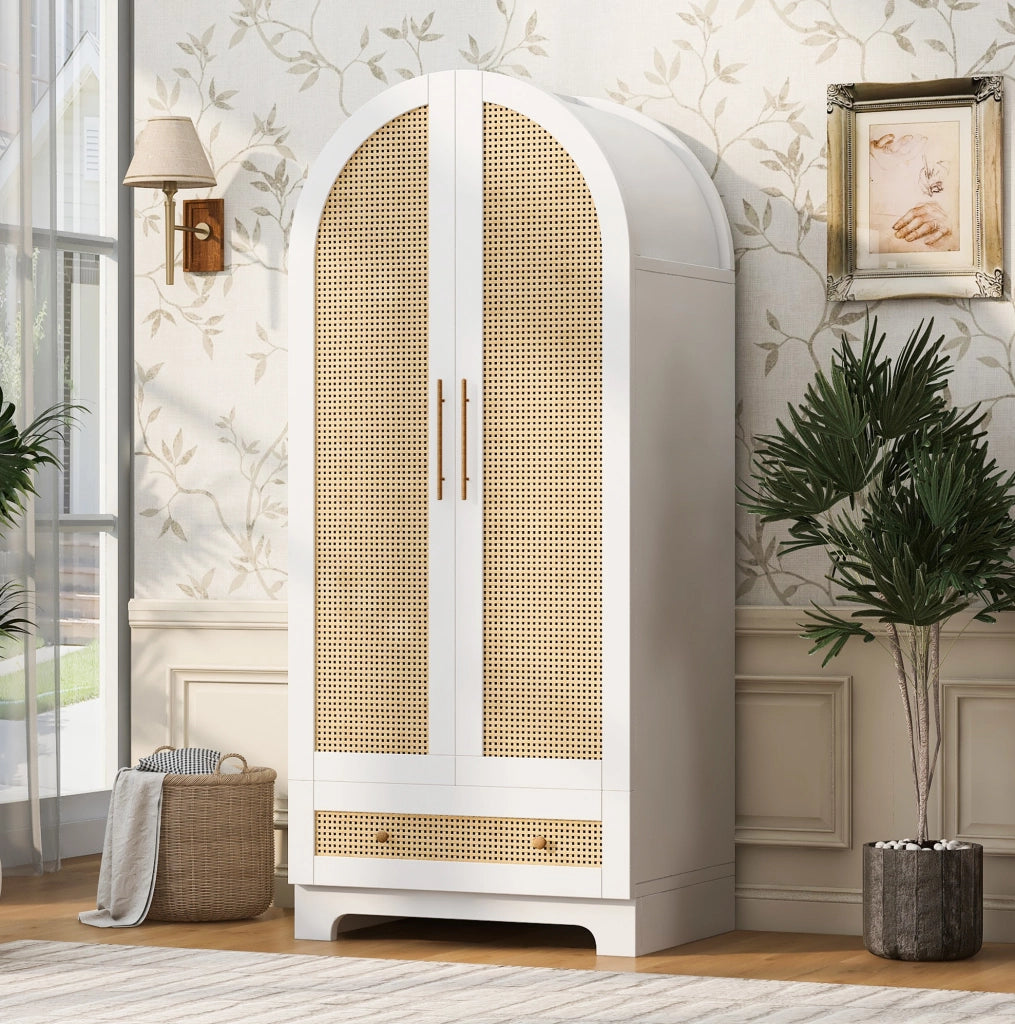 Armadio a 2 ante con 2 cassetti e vano capiente 70 x 55 x 170 cm; effetto rattan; bianco