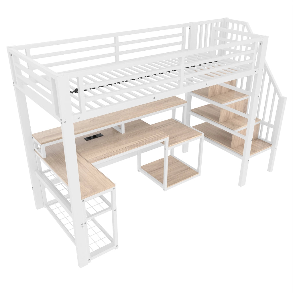 Letto a soppalco 90x200 cm in metallo e MDF; con scrivania; LED e USB; bianco