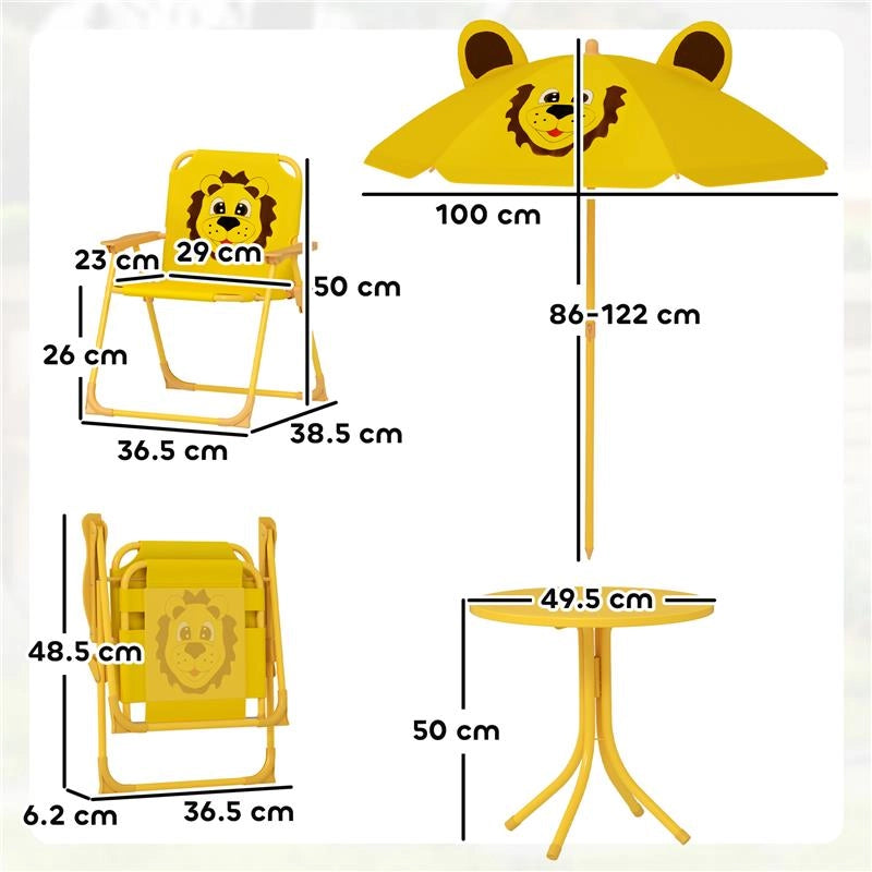 SET DA GIARDINO PER BAMBINI 2-5 ANNI CON TAVOLINO ROTONDO, 2 SEDIE PIEGHEVOLI E UN OMBRELLONE, GIALLO