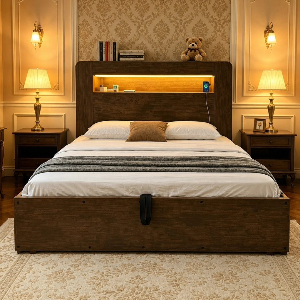 Letto contenitore 140x200 in legno con testiera LED e prese integrate