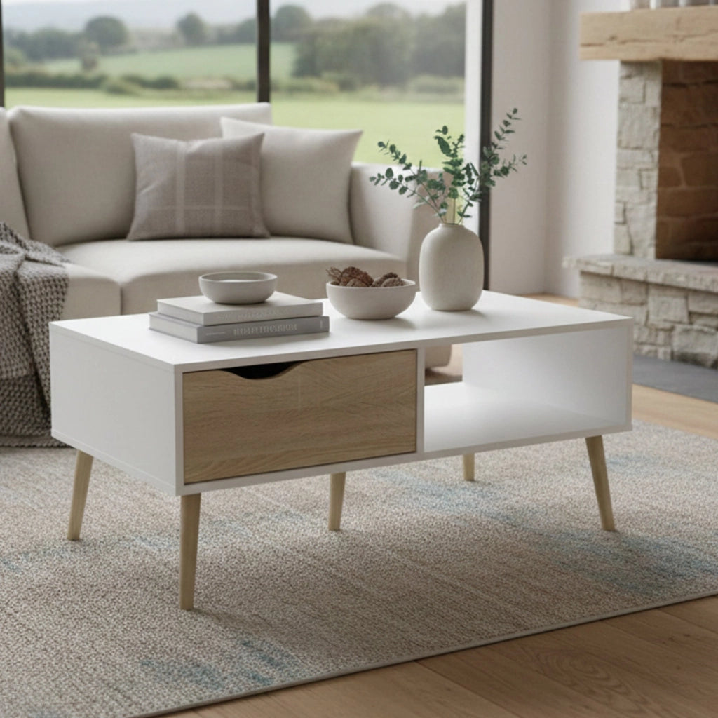 Tavolino da salotto Sfene, Tavolo basso da caffè, Portariviste per divano, Ripiano da soggiorno, 99x60 h43 cm, Bianco e Quercia