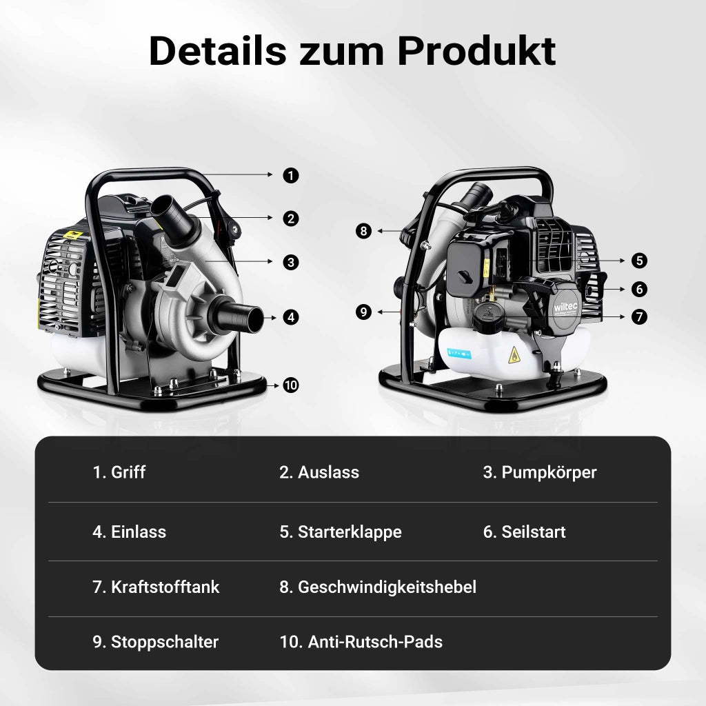 Pompa per acqua a benzina, motore a 2 tempi, 1,4 kW, pompa per giardino con portata 400 l/min, profondità di aspirazione max 8 m, per cantine, cantieri, scavi