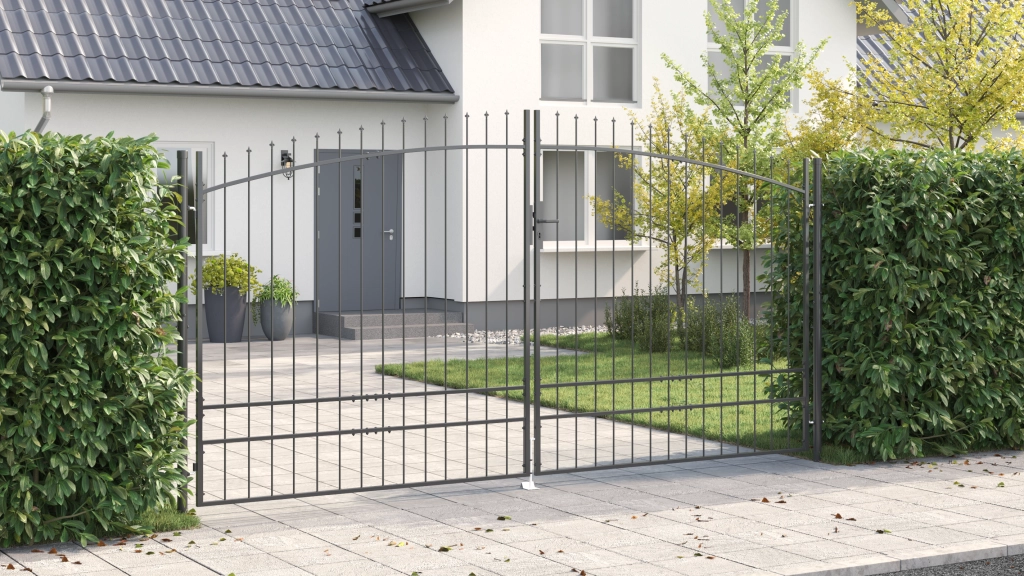 porta da giardino con punta a lancia a doppio swing grigio 200x400 cm in acciaio