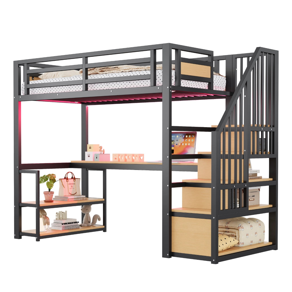 Letto a soppalco 90 × 200 cm con scrivania, ripiani, scala contenitore et barriera di sicurezza, senza materasso, in metallo, nero