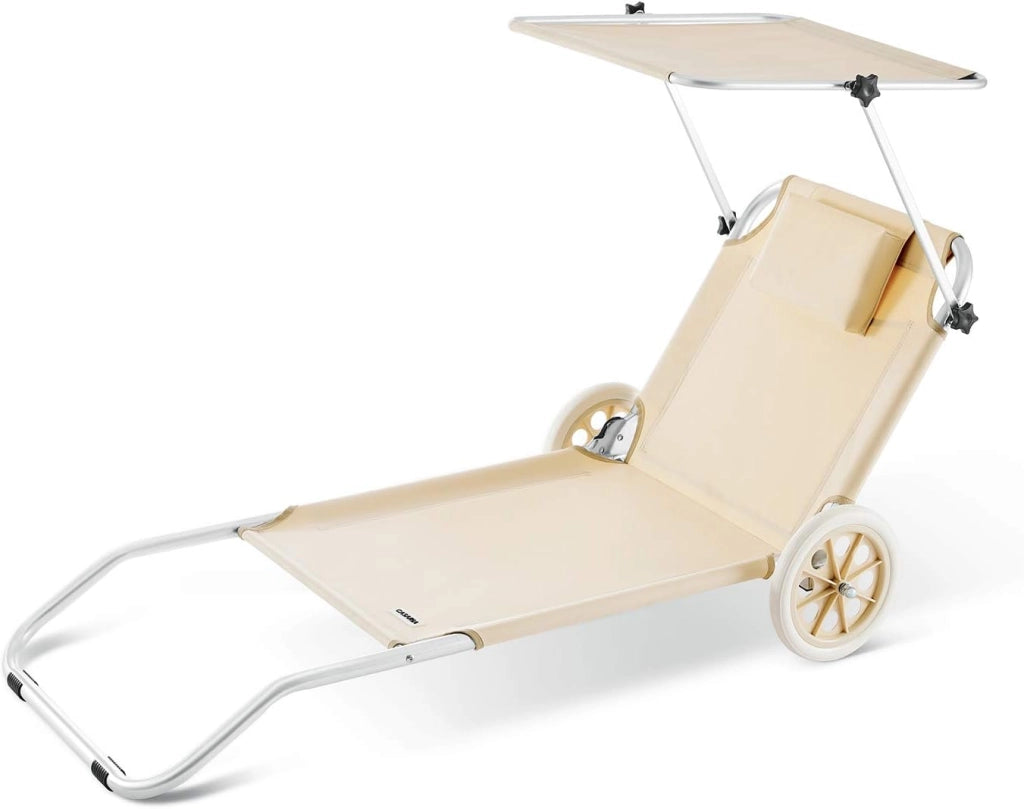 ® Lettino da Spiaggia Kreta Pieghevole Trasportabile 2 Ruote con Cuscino Tettuccio Parasole Sdraio Prendisole