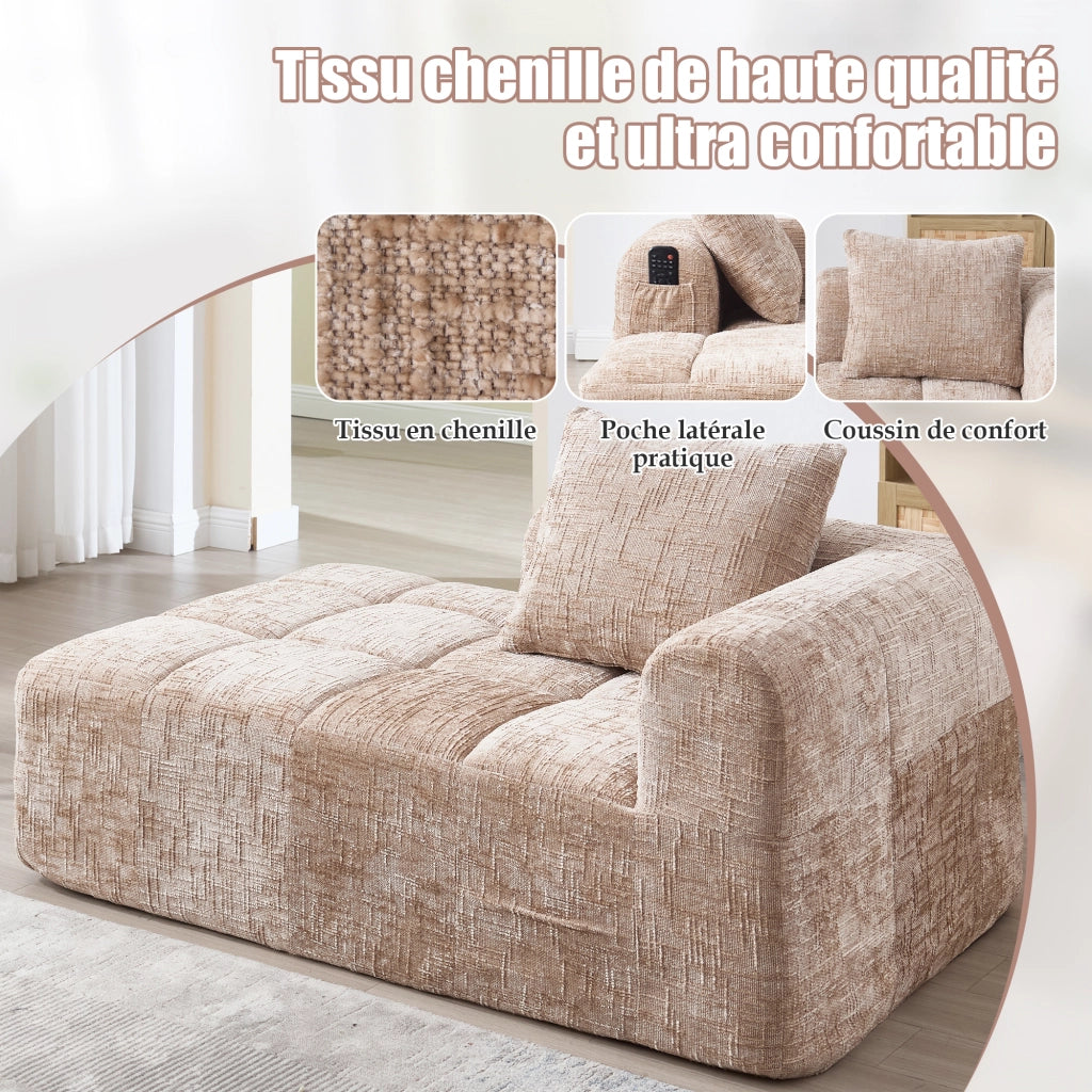 OKWISH Chaise Longue in Ciniglia, Seduta Imbottita con Cuscino e Tasche Laterali, Design Ergonomico, Cachi, 158 × 90 × 60 cm