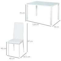 Set 5 Pezzi con 1 Tavolo e 4 Sedie per Cucina o Sala da Pranzo in Finta Pelle, Metallo e Vetro Temperato, Bianco