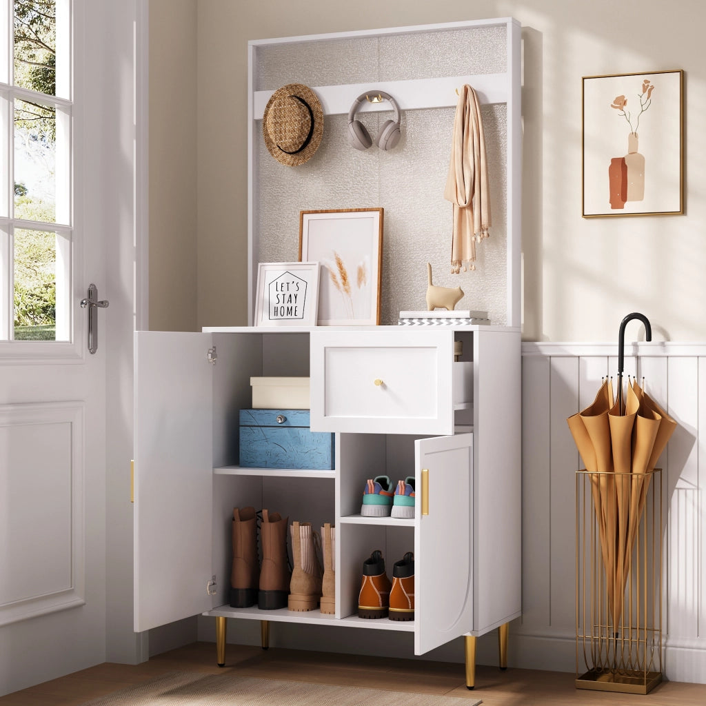 Mobile d'Ingresso con 1 Anta; 1 Cassetto e Ganci; Ripiani Regolabili; Stile Moderno; in MDF; 80??35??175;5 cm; Bianco