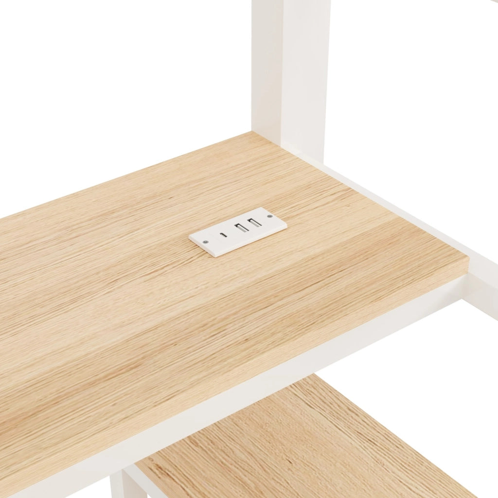 Letto a soppalco 140x200 cm con scrivania; LED e prese USB in metallo e MDF bianco