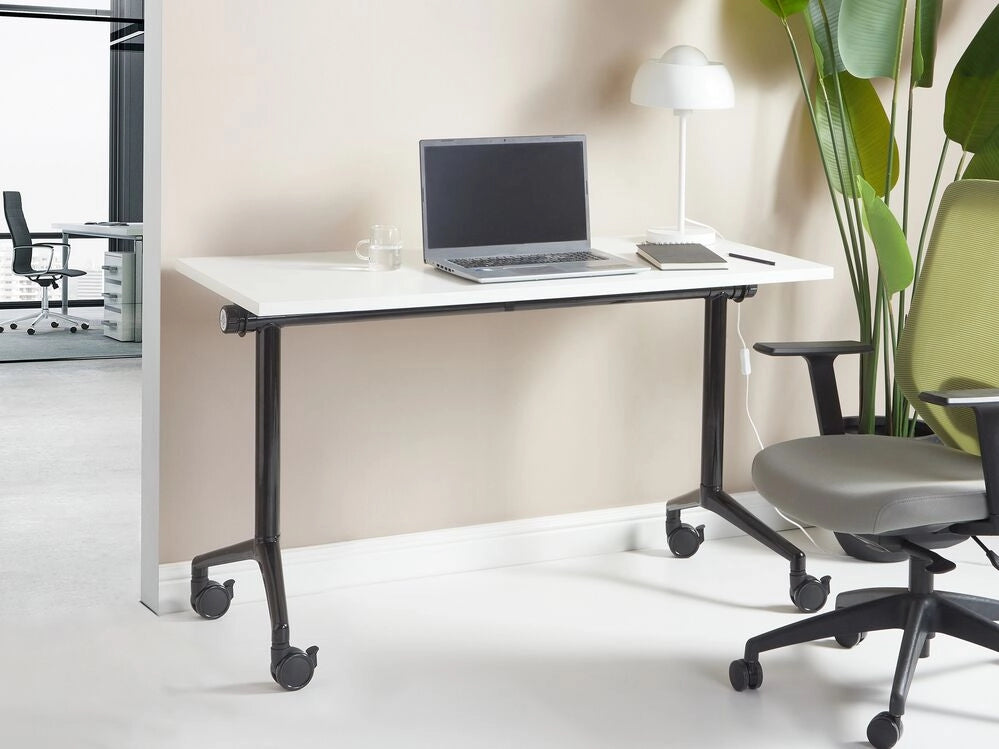 Scrivania rettangolare pieghevole con rotelle portatile con struttura in metallo bianco e nero 120 x 60 cm stile moderno