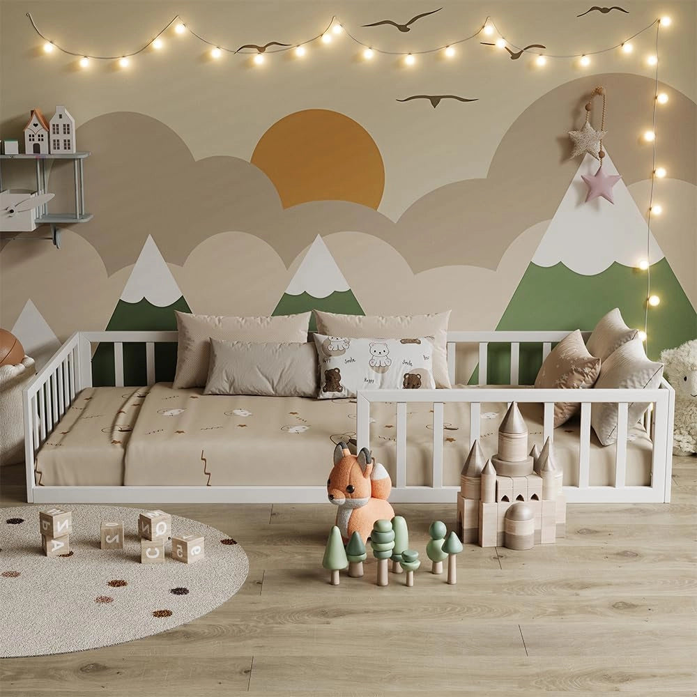Letto a pavimento Minno 90x200, letto bambini in metallo, letto Montessori con protezione anticaduta, bassa altezza d’ingresso, bianco