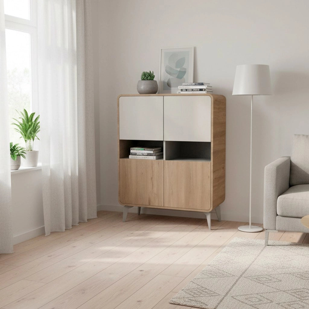 Mobile multiuso Nubo con 4 ante e 2 nicchie a giorno in struttura rovere sepet e ante cashmere