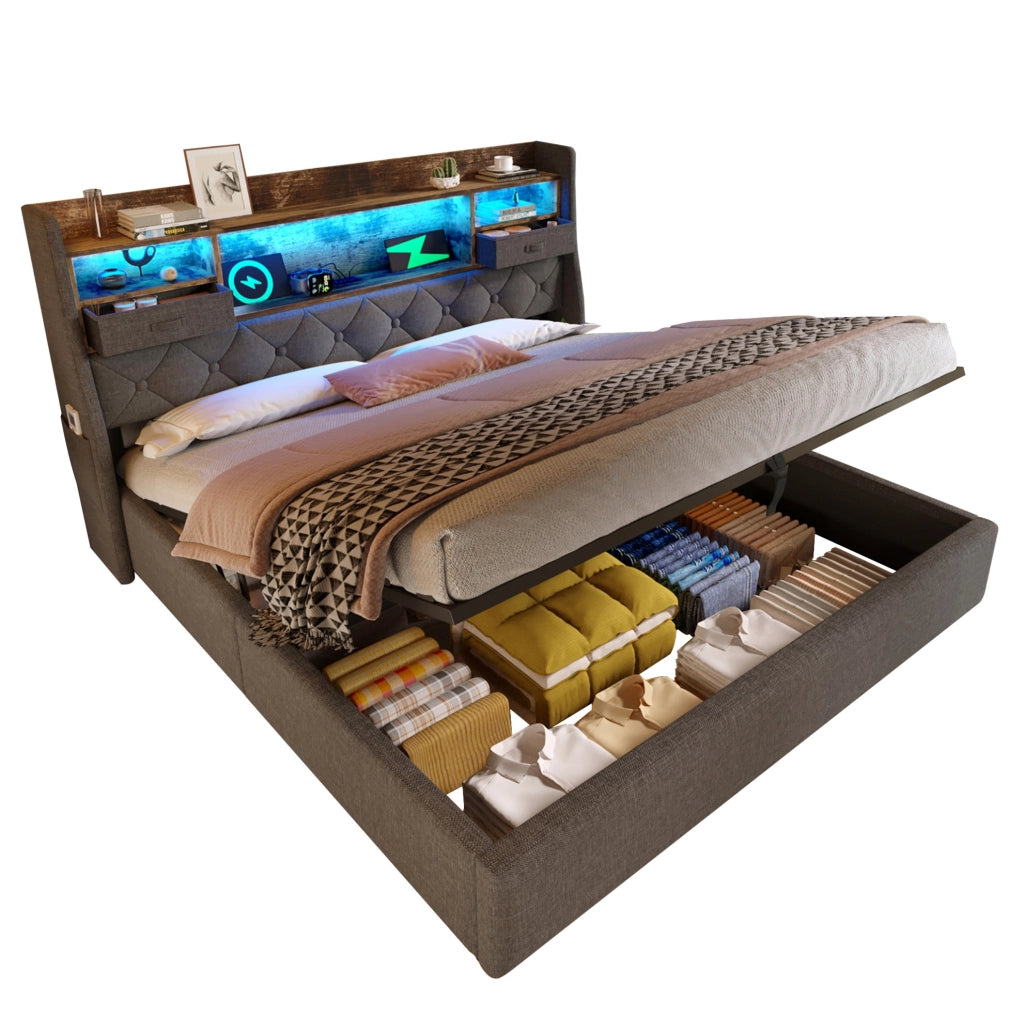 Letto matrimoniale 160x200 cm in lino grigio con contenitore idraulico; LED e porte USB