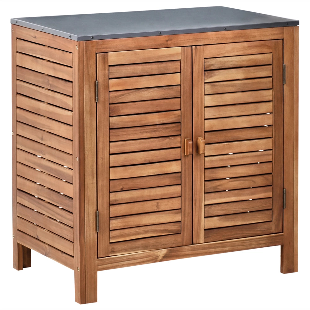 Cucina da giardino in legno di acacia 3 elementi con anta e ripiani Piano in acciaio con lavello e rubinetto Marrone e nero