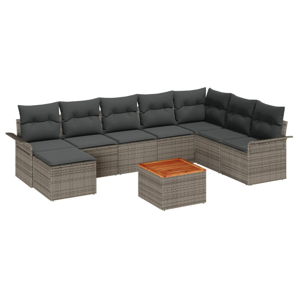 Set Divano da Giardino da 9 Pezzi con Cuscini Grigio Polyrattan Acacia